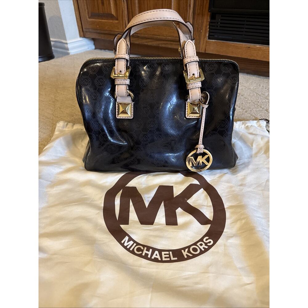 Michael Kors Grayson Black Patent Leather Satchel MK Logo Monogram Handbag Purse - Picture 1 of 10